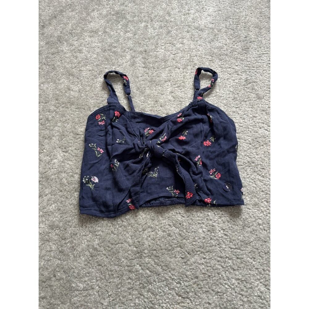 Hollister Navy Floral Knot-Front Crop Top